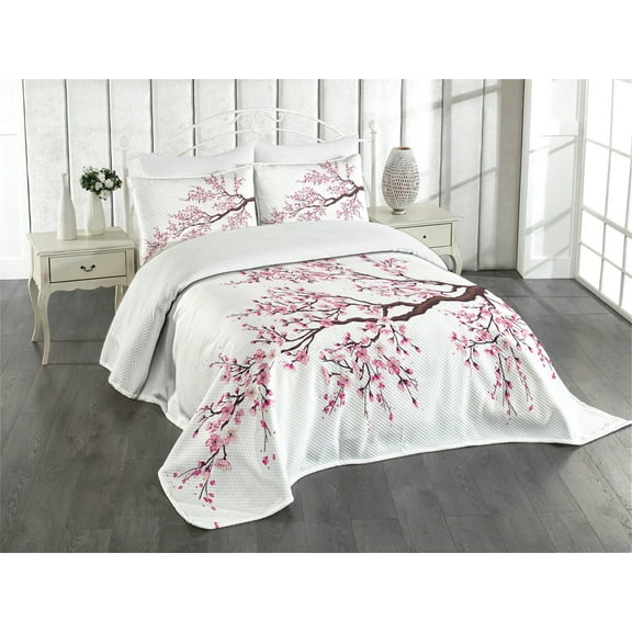Ambesonne Japanese Quilted Bedspread Set 3 Pcs, Sakura Branch Blossoms, Queen Size, Pink Dark Brown