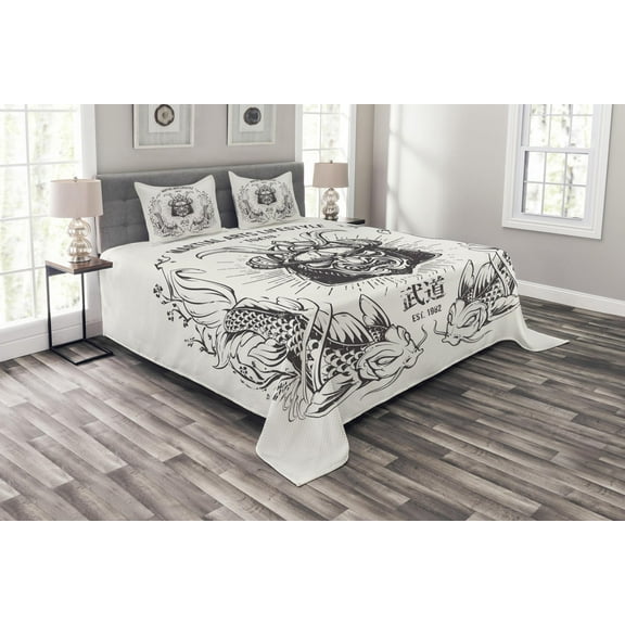 Ambesonne Japanese Quilted Bedspread Set 3 Pcs, Samurai Koi, King Size, Coconut Grey