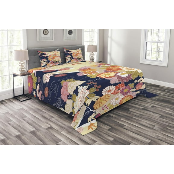 Ambesonne Japanese Quilted Bedspread Set 3 Pcs, Traditional Flowers, Queen Size, Multicolor