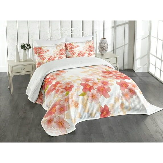 Ambesonne Japanese Quilted Bedspread Set 3 Pcs, Vibrant Sakura Flowers, Queen Size, Coral Dark Coral Yellow