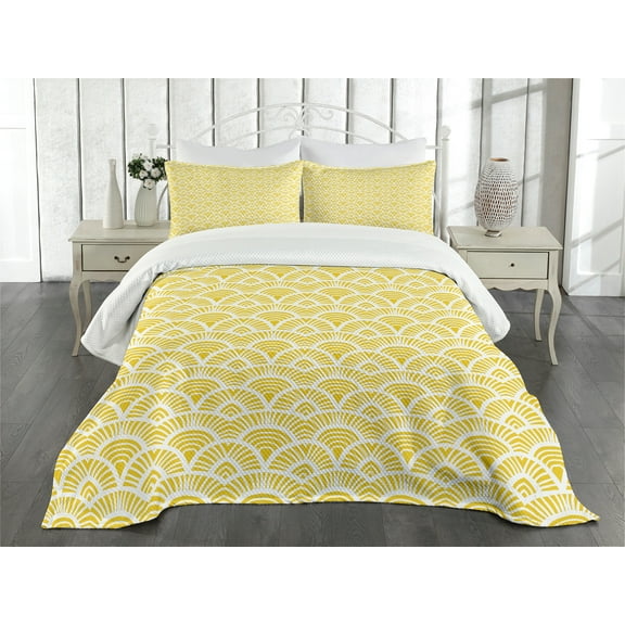 Ambesonne Japanese Quilted Bedspread Set 3 Pcs, Vintage Bohem Geometric, Queen Size, Yellow and Cream