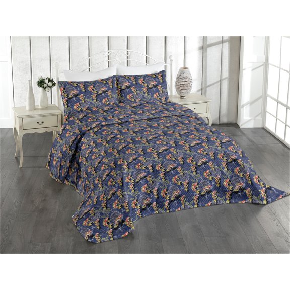 Ambesonne Japanese Quilted Coverlet 2 Pcs, Asian Koi Fish Pattern, Twin Size, Indigo and Pistachio Green