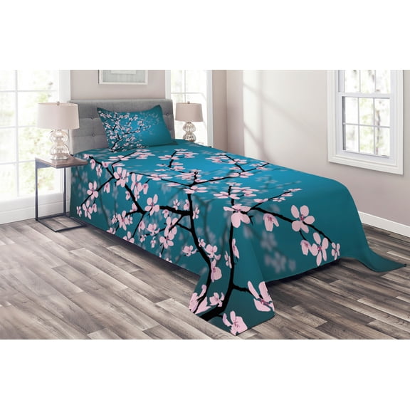 Ambesonne Japanese Quilted Coverlet 2 Pcs, Sakura Bloom Pattern, Twin Size, Petrol Blue Pale Pink