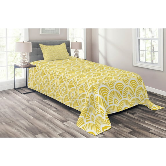 Ambesonne Japanese Quilted Coverlet 2 Pcs, Vintage Bohem Geometric, Twin Size, Yellow and Cream