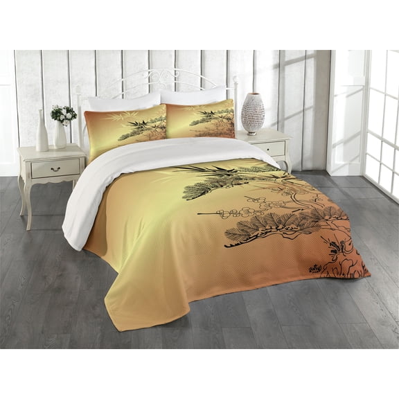 Ambesonne Japanese Quilted Coverlet 3 Pcs, Folk Sunset Ethnic Branch, Queen Size, Sepia Black