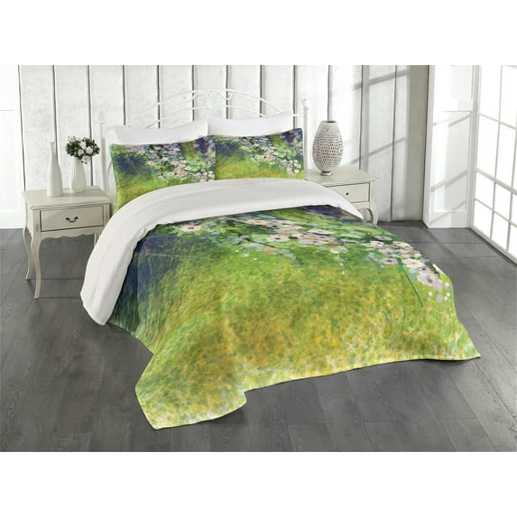 Ambesonne Japanese Quilted Coverlet 3 Pcs, Grass Land Paint, King Size, Pink Green