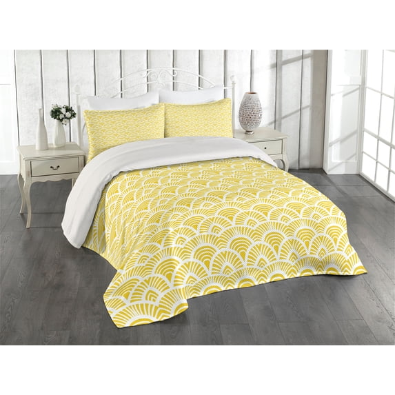 Ambesonne Japanese Quilted Coverlet 3 Pcs, Vintage Bohem Geometric, King Size, Yellow and Cream