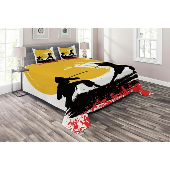 Ambesonne Japanese Quilted Coverlet 3 Pcs, Watercolor Style Ninja, Queen Size, Vermilion Mustard