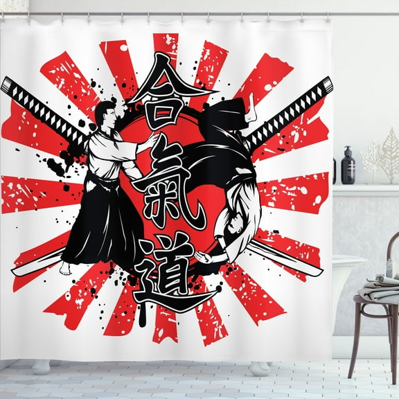 Ambesonne Japanese Shower Curtain, Ai o Samurai Fight, 69"Wx70"L, Orange Black White