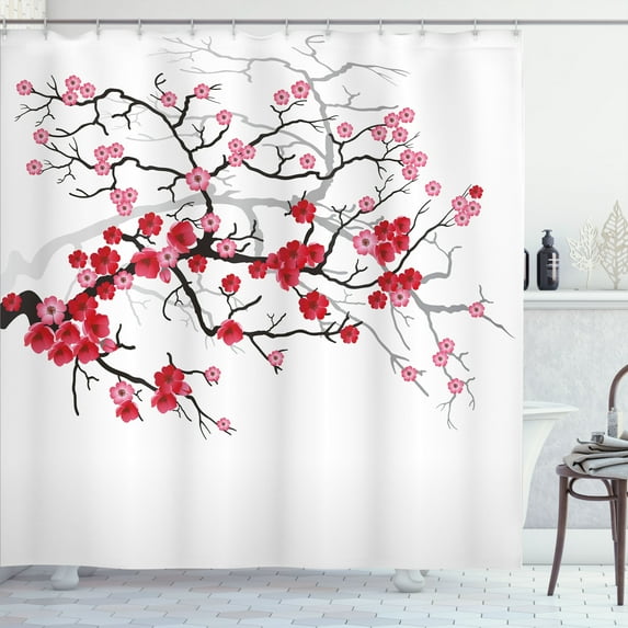 Ambesonne Japanese Shower Curtain, Blossoms Sakura Plant, 69"Wx84"L, Dark Brown Dark Coral