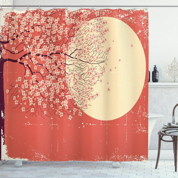 Ambesonne Japanese Shower Curtain, Cherry Sakura Blossoms, 69"Wx70"L, Coral Pale Yellow Plum