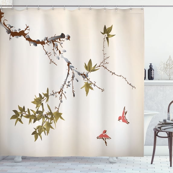 Ambesonne Japanese Shower Curtain, Coral Hues Cherry Blossoms, 69"Wx84"L, Khaki Coral