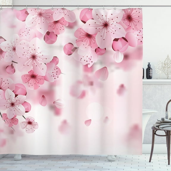 Ambesonne Japanese Shower Curtain, Eastern Sakura Flowers, 69"Wx75"L, Pale Pink Pale Pink