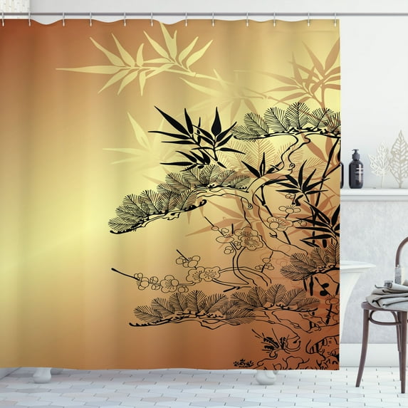 Ambesonne Japanese Shower Curtain, Folk Sunset Ethnic Branch, 69"Wx84"L, Sepia Black