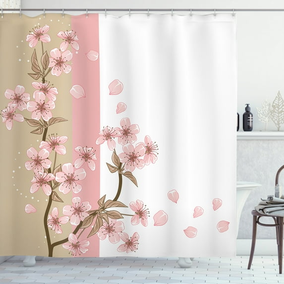 Ambesonne Japanese Shower Curtain, Romantic Sakura Blooms, 69"Wx75"L, Sand Brown Pale Pink