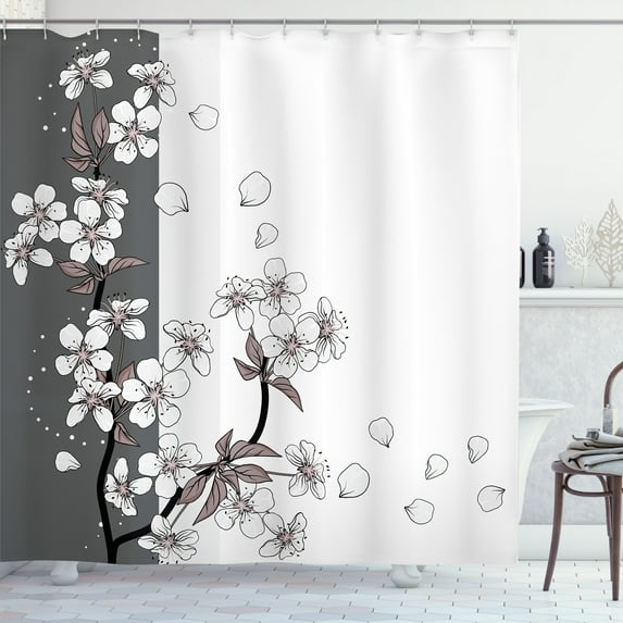 Ambesonne Japanese Shower Curtain, Romantic Sakura Blooms Art, 69"Wx75"L, Dimgray White