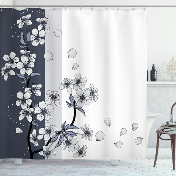Ambesonne Japanese Shower Curtain, Romantic Sakura Blooms Art, 69"Wx75"L, Purpleblue White