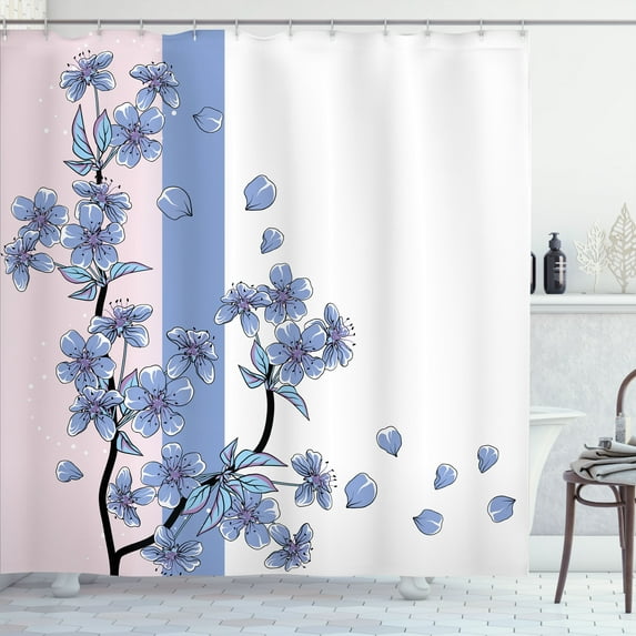 Ambesonne Japanese Shower Curtain, Romantic Sakura Blooms Art, 69"Wx75"L, Sea Blue