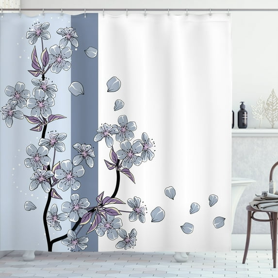Ambesonne Japanese Shower Curtain, Romantic Sakura Blooms Art, 69"Wx84"L, Blue Grey