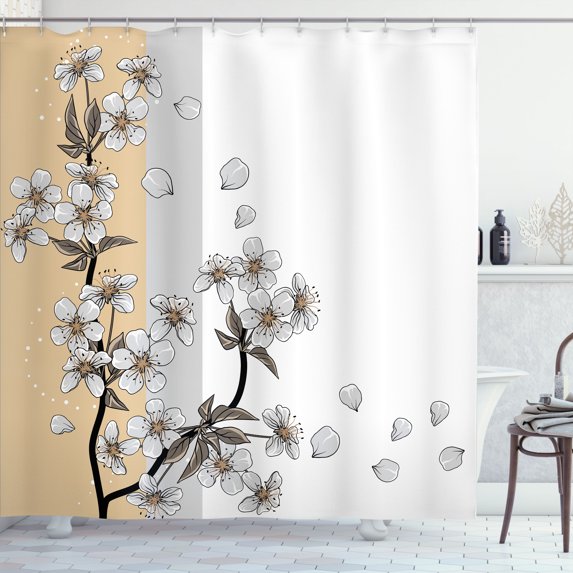 Ambesonne Japanese Shower Curtain, Romantic Sakura Blooms Art, 69"Wx84"L, Pale Brown