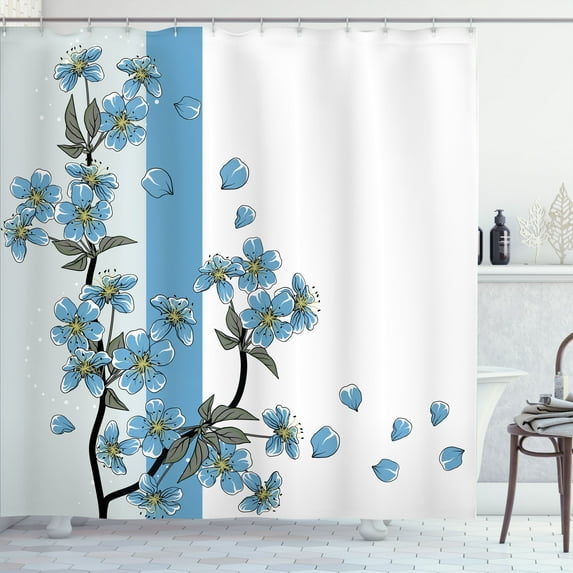 Ambesonne Japanese Shower Curtain, Romantic Sakura Blooms Art, 69"Wx84"L, Sky Blue