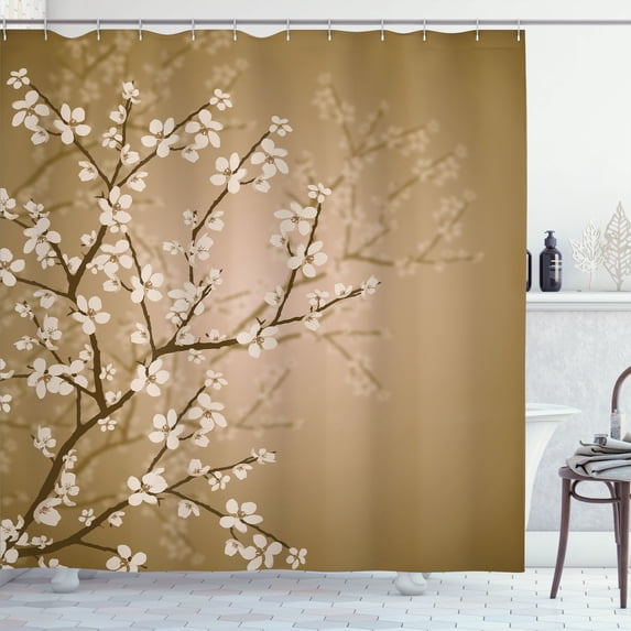 Ambesonne Japanese Shower Curtain, Sakura Bloom Spring Season, 69"Wx75"L, Khaki and Fawn