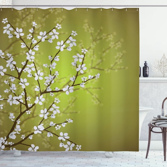 Ambesonne Japanese Shower Curtain, Sakura Bloom Spring Season, 69"Wx75"L, Pale Olive Green