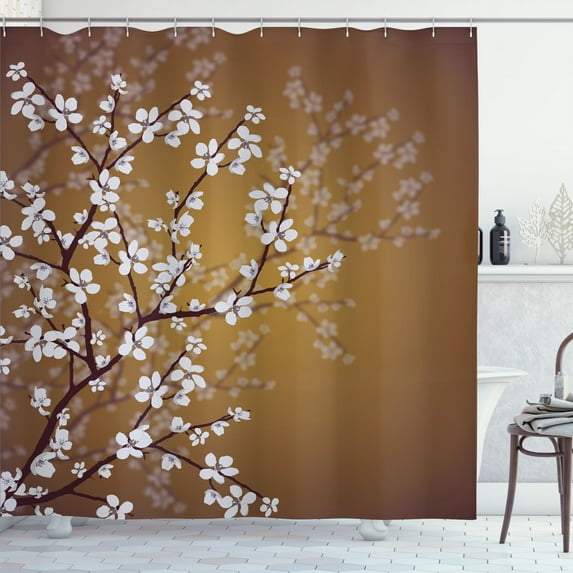 Ambesonne Japanese Shower Curtain, Sakura Bloom Spring Season, 69"Wx84"L, Pale Coffee