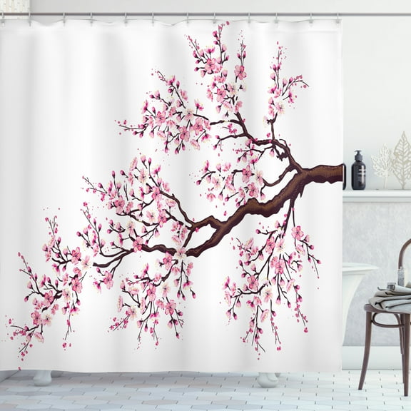 Ambesonne Japanese Shower Curtain, Sakura Branch Blossoms, 69"Wx75"L, Pink Dark Brown