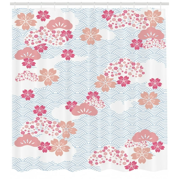 Ambesonne Japanese Shower Curtain, Squama Cherry Blossom, 69"Wx70"L, Dark Coral Pale Blue
