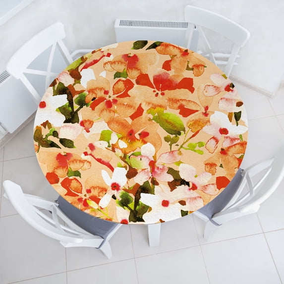 Ambesonne Japanese Spring Fitted Round Tablecloth, Asian Sakuras Print, 36"- 40" Diameter, Vermilion Pistachio Green