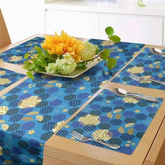 Ambesonne Japanese Table Runner & Placemats, Ethnic Hexagons and Fans, Placemat 4 pcs + Runner 12"x72", Azure Blue and Multicolor