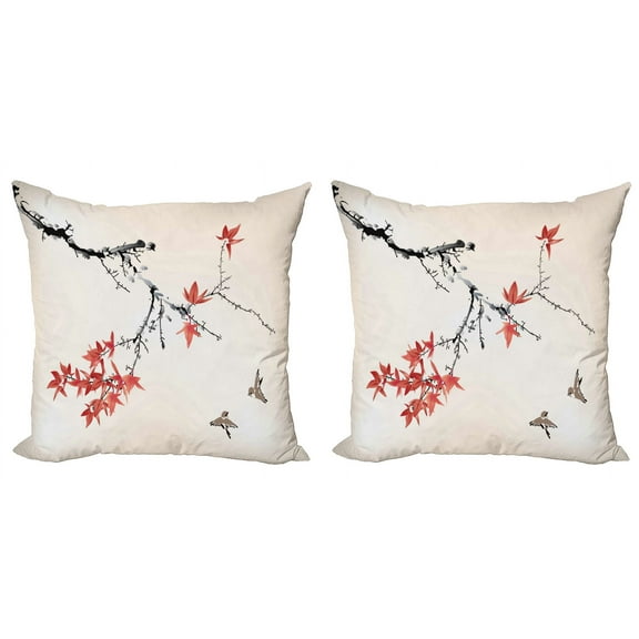 Ambesonne Japanese Throw Pillow Cover 2 Pack, Romantic Spring Theme, 18", Black and Coral
