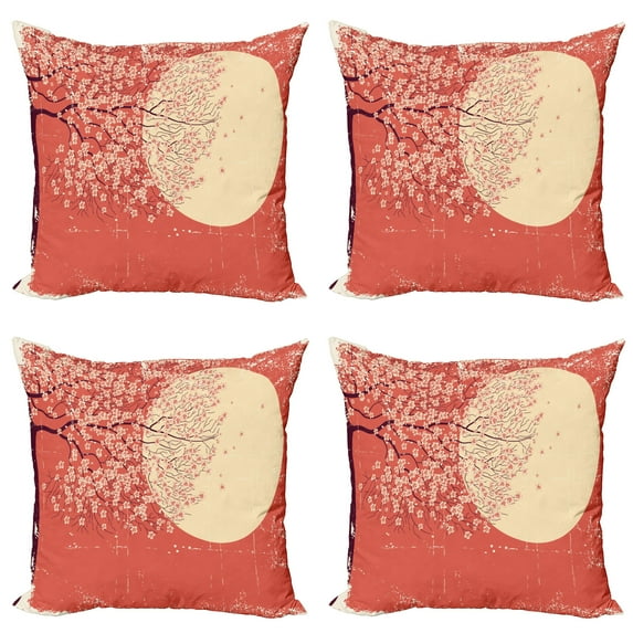 Ambesonne Japanese Throw Pillow Cover 4 Pack, Cherry Sakura Blossoms, 24", Coral Pale Yellow Plum