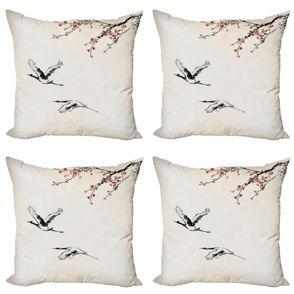 Ambesonne Japanese Throw Pillow Cover 4 Pack, Cherry Trees in Spring, 18", Red Grey Ecru