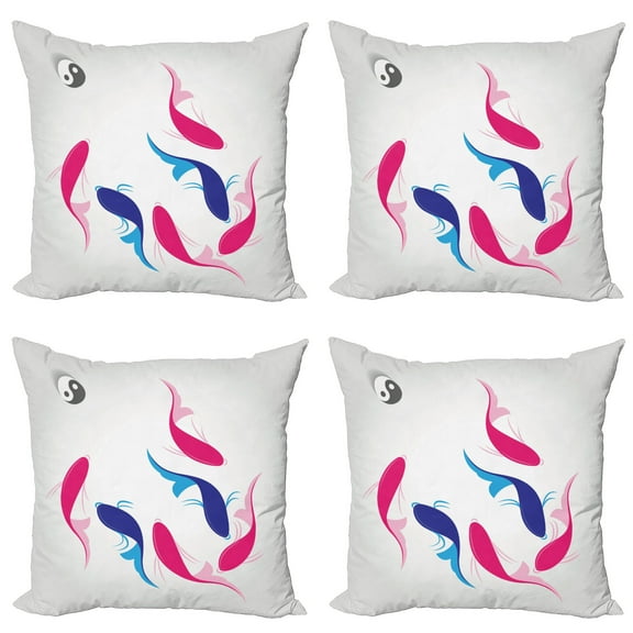 Ambesonne Japanese Throw Pillow Cover 4 Pack, Fish Yin Yang, 18", Pink Blue