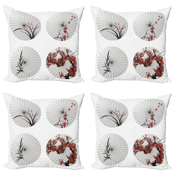 Ambesonne Japanese Throw Pillow Cover 4 Pack, Floral Art on Umbrella, 18", White and Red