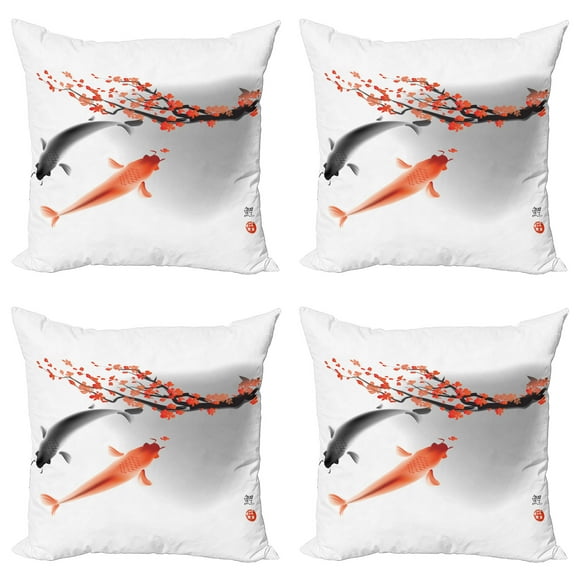 Ambesonne Japanese Throw Pillow Cover 4 Pack, Koi Carp Fish Couple, 16", Orange Grey