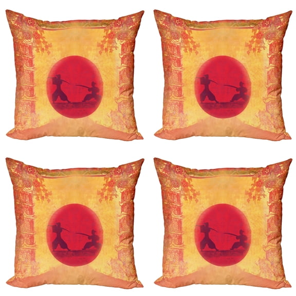 Ambesonne Japanese Throw Pillow Cover 4 Pack, Ninjas Vintage Sunset, 24", Mustard and Purple