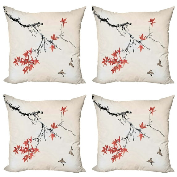 Ambesonne Japanese Throw Pillow Cover 4 Pack, Romantic Spring Theme, 20", Black and Coral