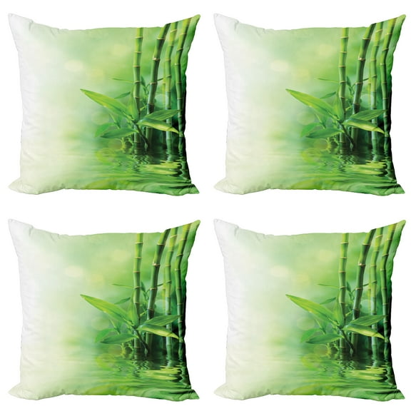 Ambesonne Japanese Throw Pillow Cover 4 Pack, Spa Themed Trees and Blurs, 20", Pale Yellow Green