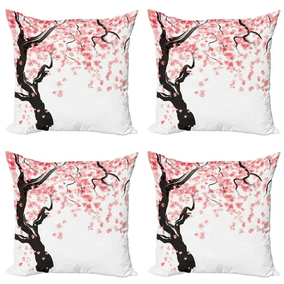Ambesonne Japanese Throw Pillow Cover 4 Pack, Watercolor Effect Cherry, 20", Black Pink