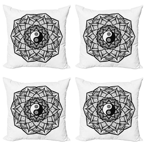 Ambesonne Japanese Throw Pillow Cover 4 Pack, Ying Yang Black White, 16", Black White