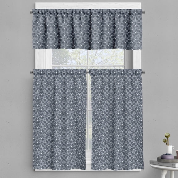 Ambesonne Japanese Valance & Curtain, Floral Checked Tile, 55"x45", Dark Blue Grey