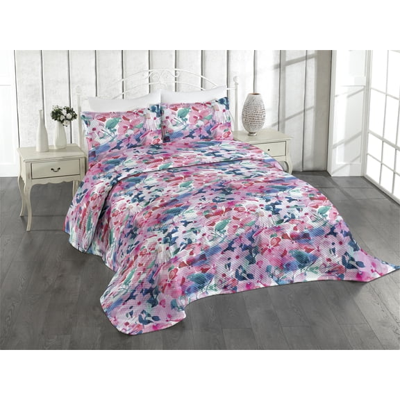 Ambesonne Japanese Vibes Quilted Coverlet 3 Pcs, Sakura Artwork Boho, Queen Size, Pale Pink Hot Pink Quartz