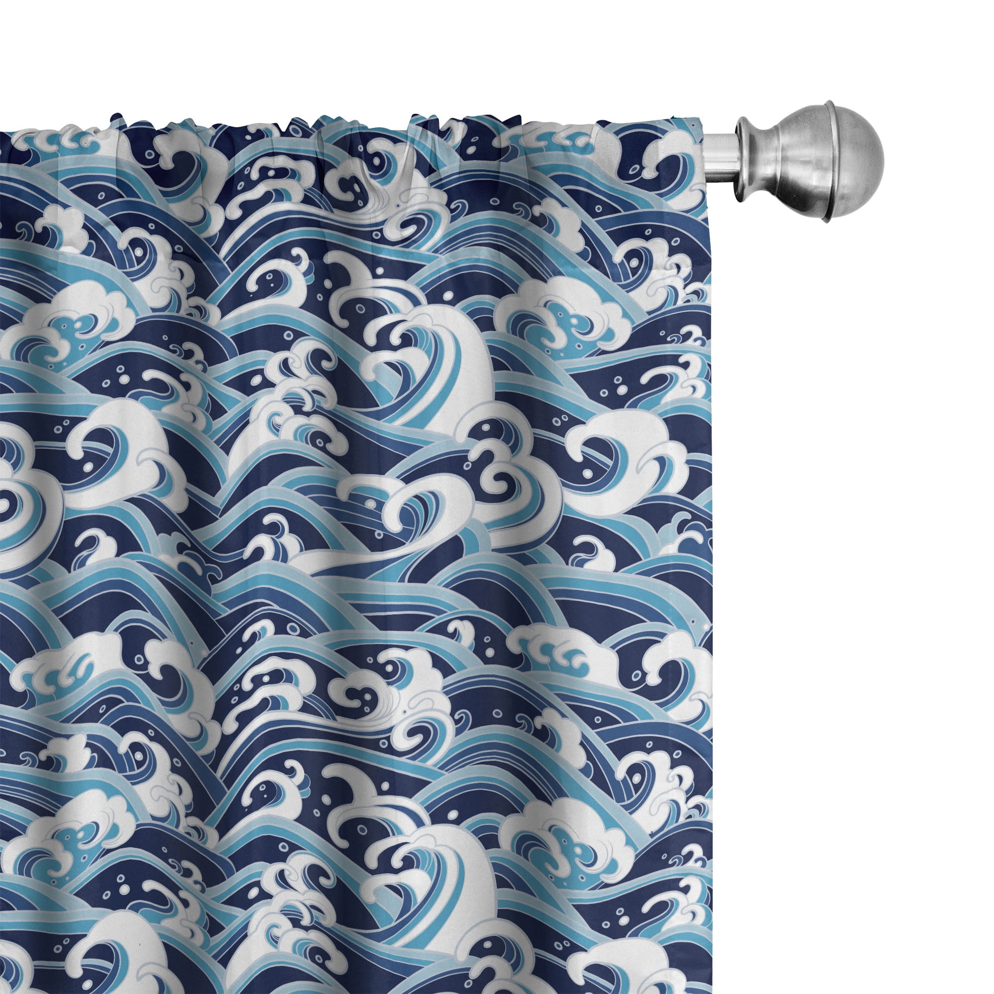 Blue Wave Pattern Rod Pocket Light Filtering Curtain Pair
