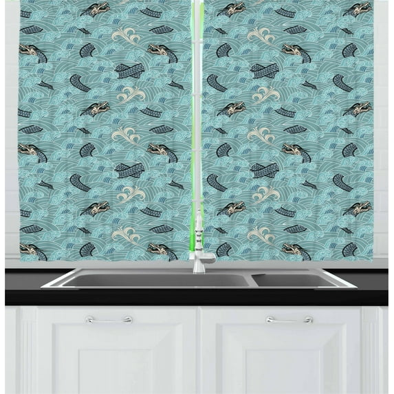 Ambesonne Japanese Wave Kitchen Curtains, Sea Dragon, 55"x39", White Teal and Grey