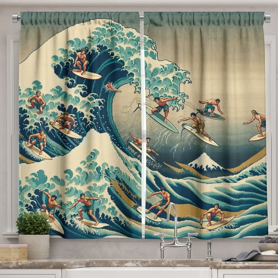 Ambesonne Japanese Wave Kitchen Curtains, Surfers Ukiyo-e Ocean, 55"x24", Seafoam Blue Eggshell