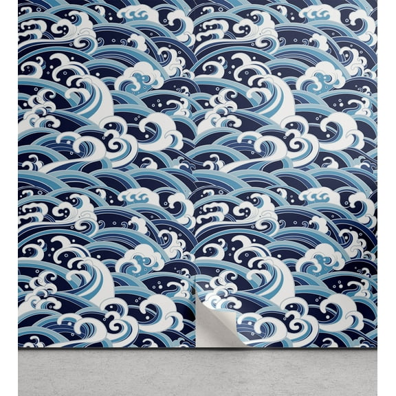 Ambesonne Japanese Wave Peel & Stick Wallpaper for Home, Water Splash Foam, 13"x36", Pale Blue Navy Blue