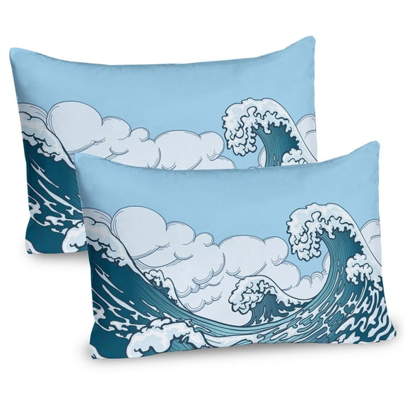 Ambesonne Japanese Wave Pillow Sham 2 Pack, Tsunami Wave Scene, 30"x20", Pale Blue Teal